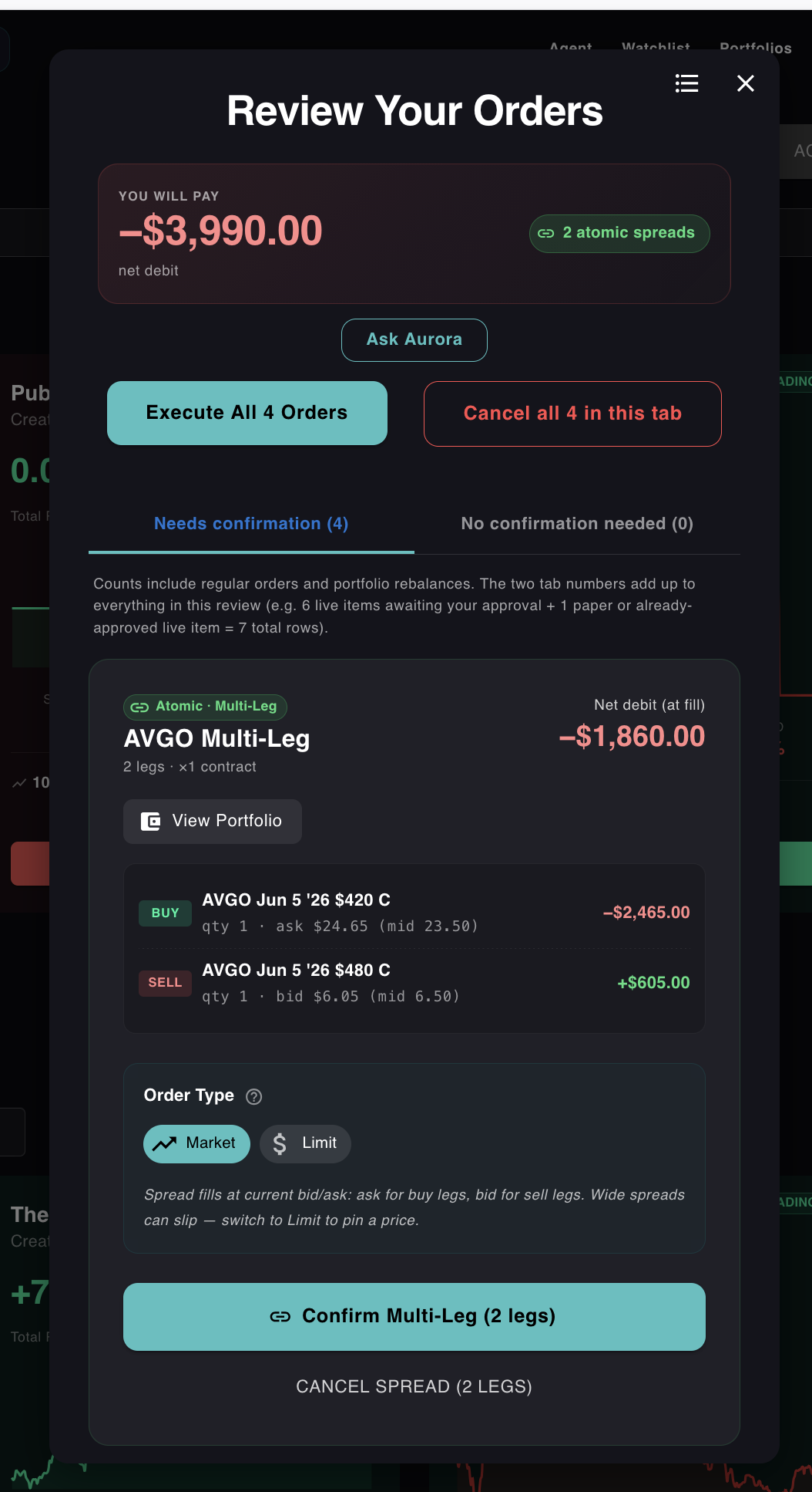 Atomic-spread approval modal showing -$3,990 net debit, 2 atomic spreads badge, side-aware bid and ask fill prices on each leg, Confirm Multi-Leg button, and explicit cancel option