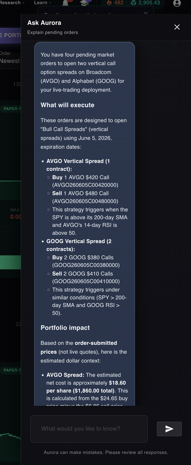 Aurora chat panel explaining four pending market orders to open two vertical call spreads on AVGO and GOOG, with strikes, expirations, trigger conditions, and estimated dollar context