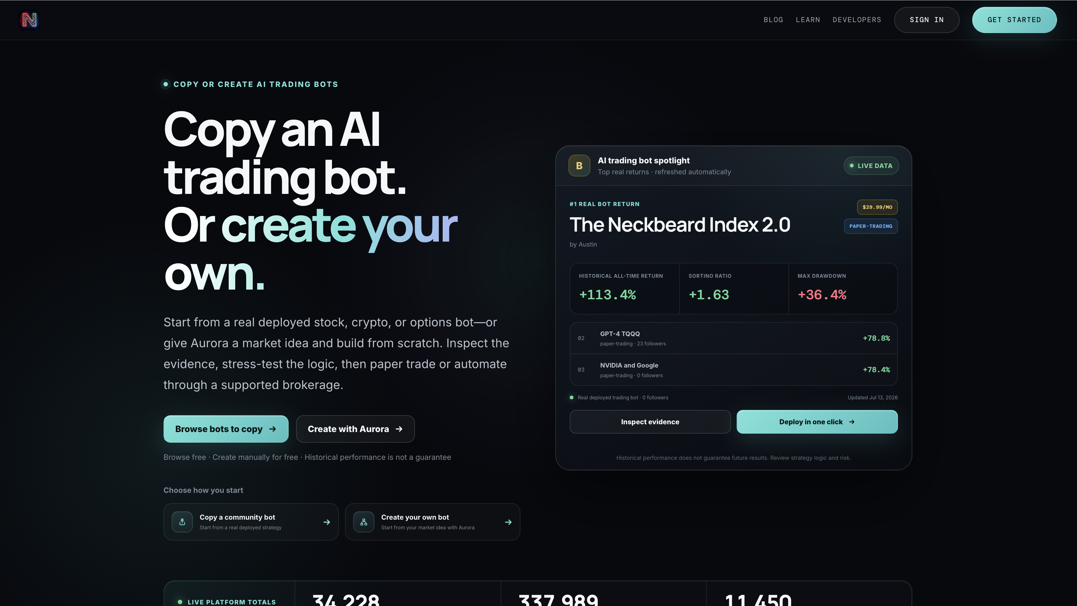 The NexusTrade landing page: copy an AI trading bot, or create your own