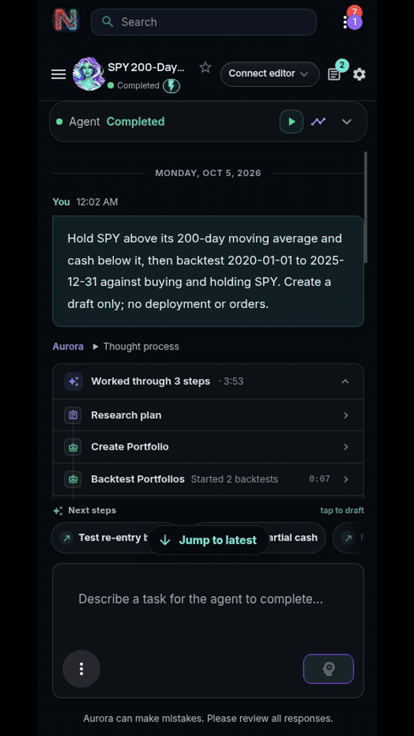 A real screen-recorded walkthrough of Aurora's completed SPY research session