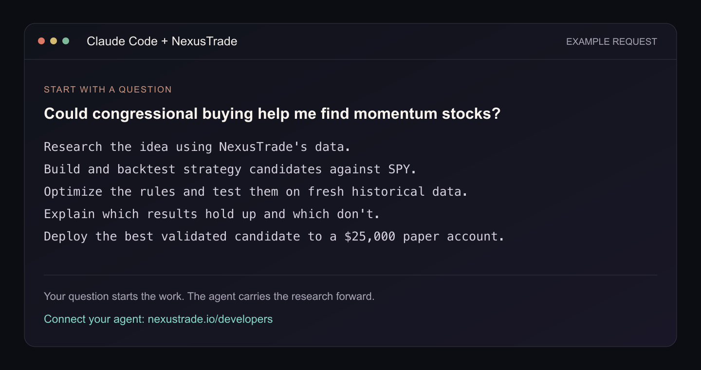 A labeled example research request for Claude Code connected to NexusTrade