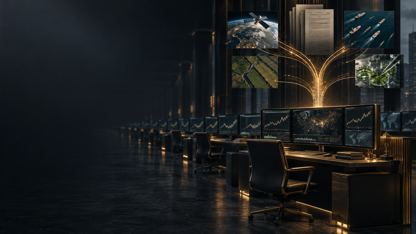 Identical trading terminals in the background, with distinct gold data streams feeding a research terminal in the foreground.
