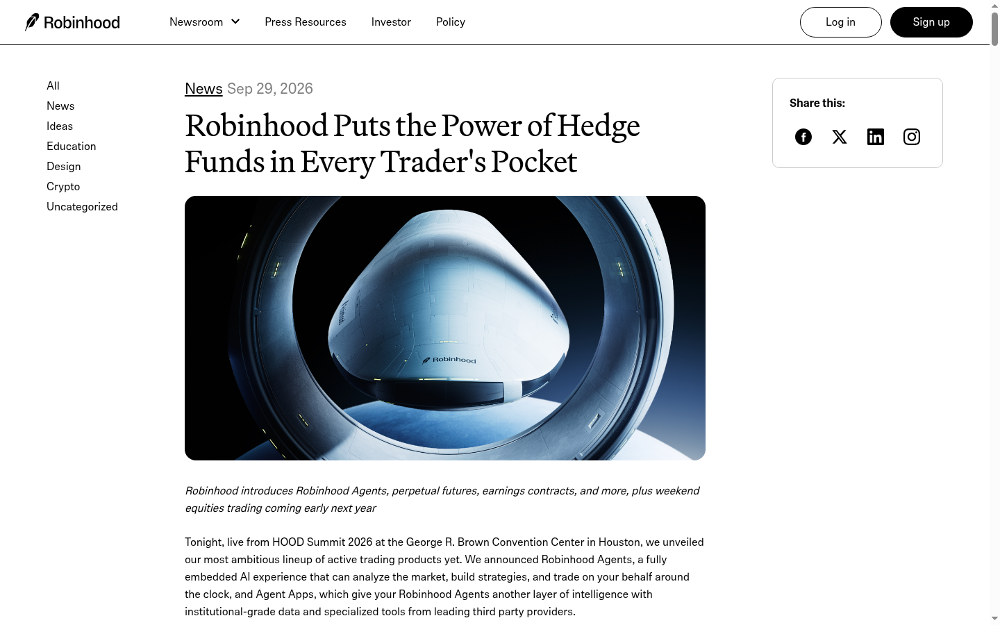 Robinhood's original announcement showing its September 29, 2026 date and headline