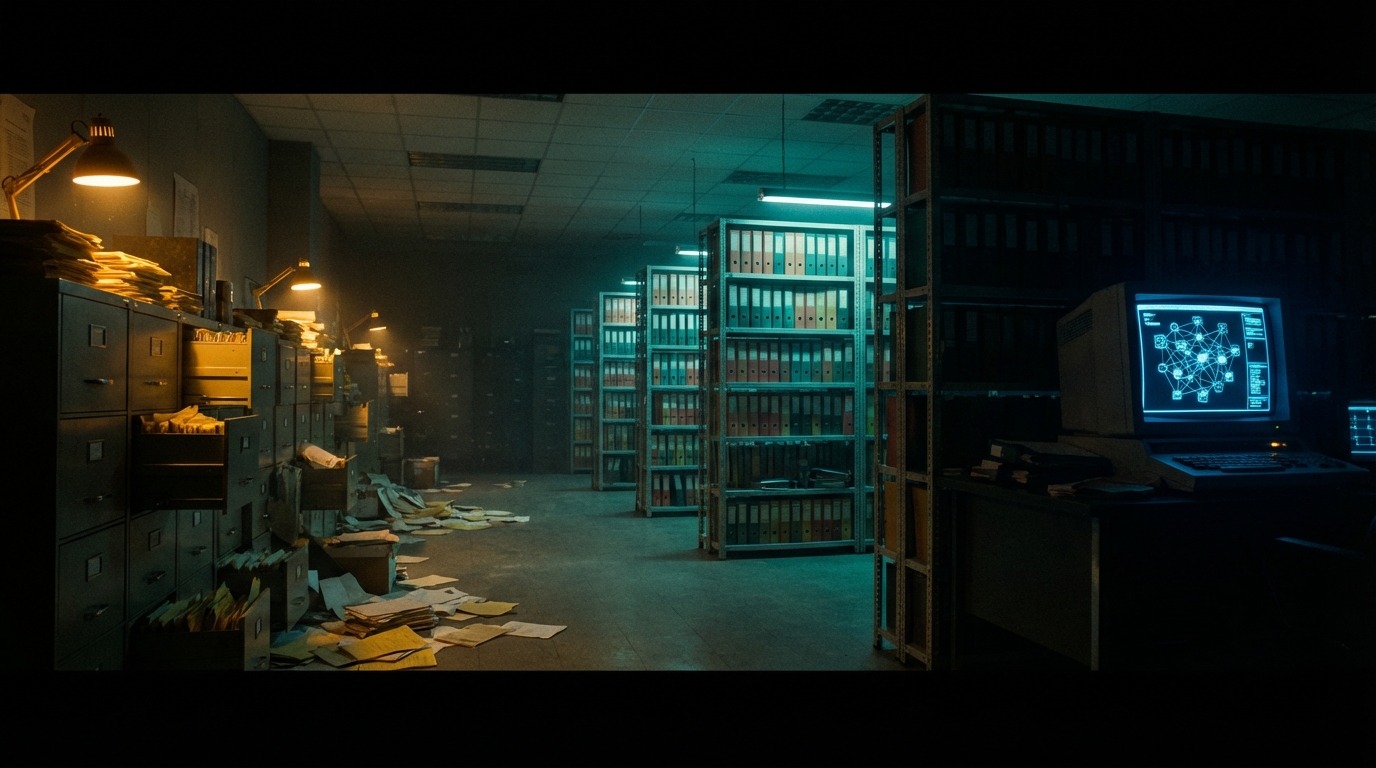 Archival room progressing from chaotic file dumps to organized shelves to a vector graph terminal