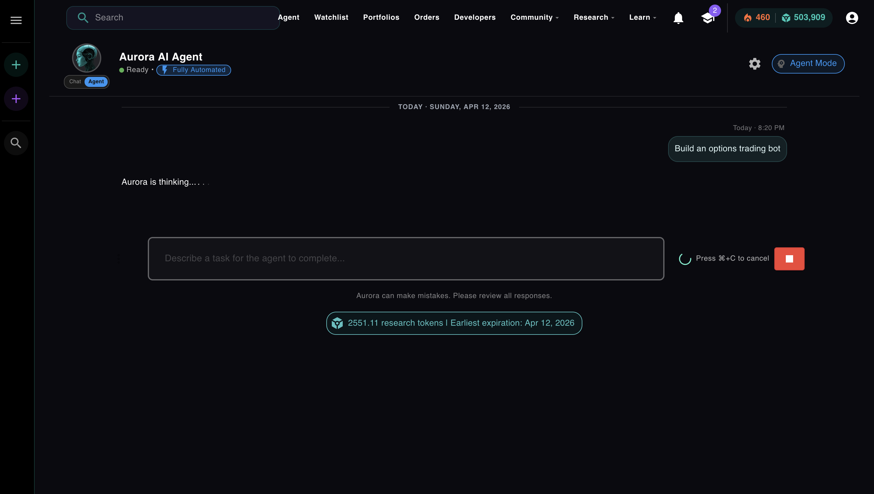 Aurora in Fully Automated mode — thinking after receiving task
