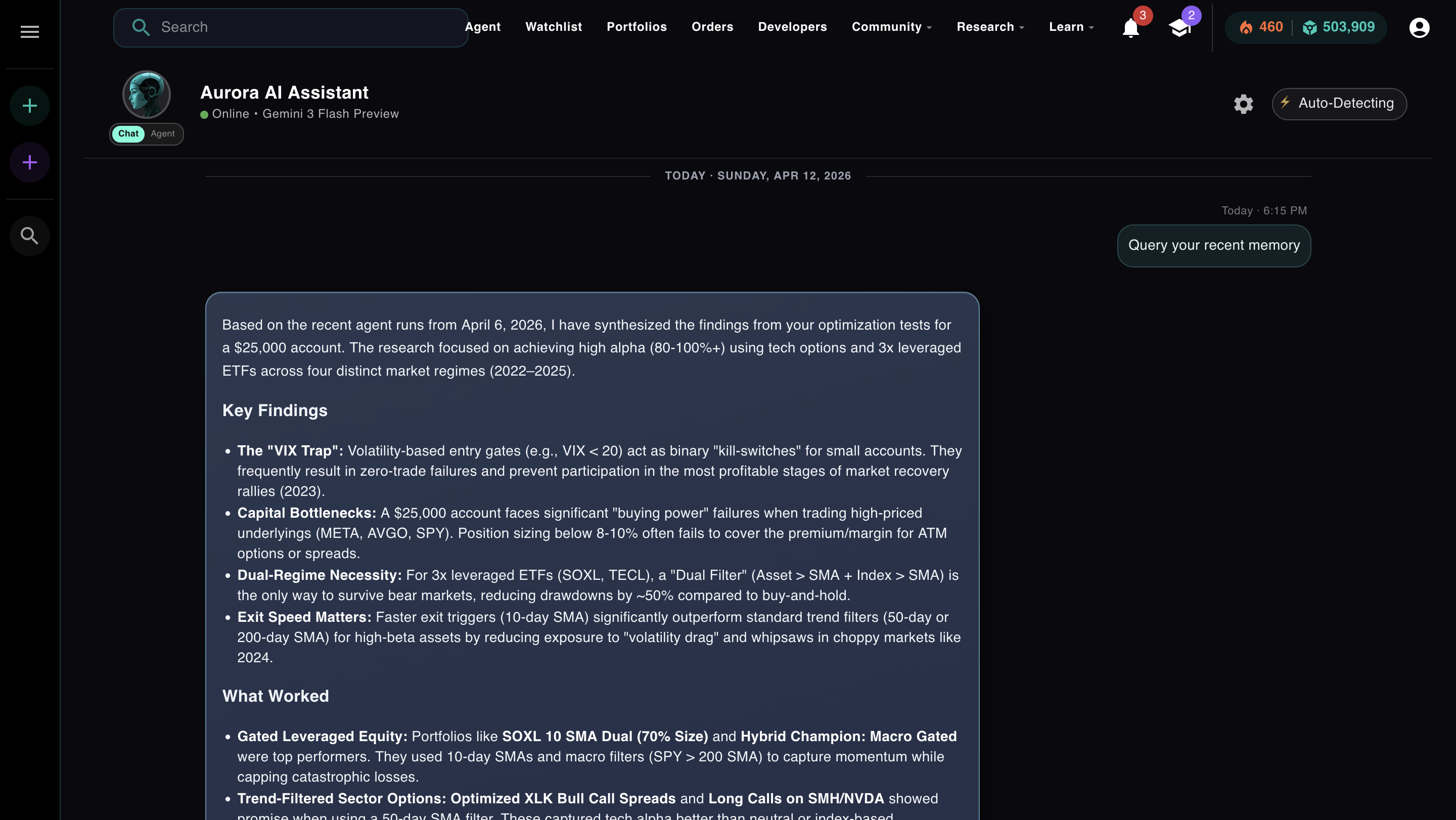 Aurora memory query — synthesizing findings from past agent runs into a new session