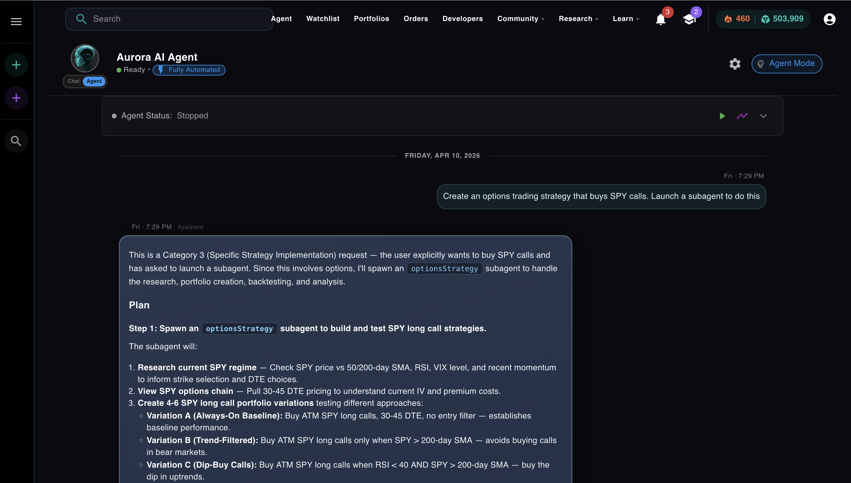 Aurora AI Agent in fully automated mode — planning an options strategy with subagent spawn