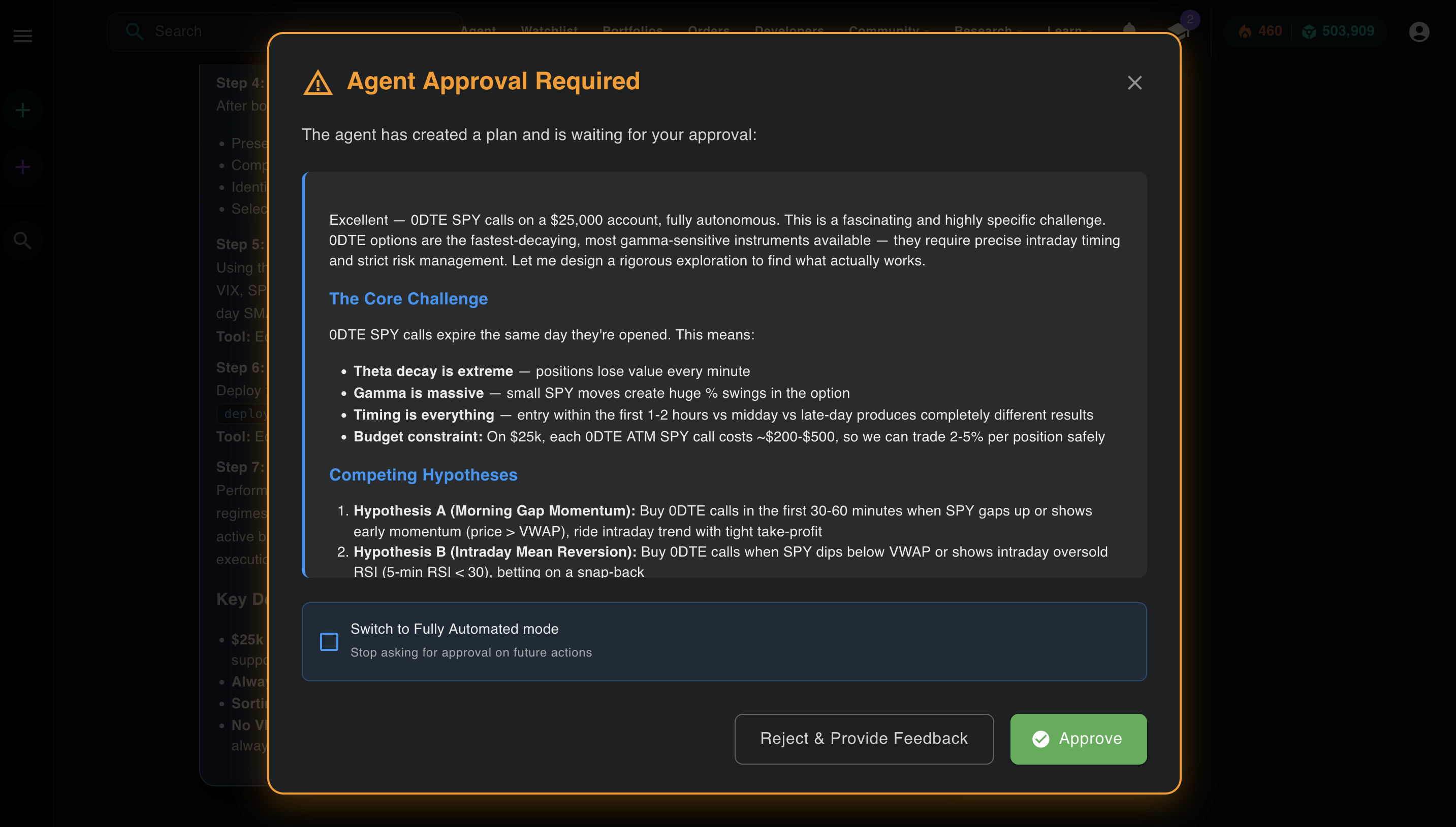 Agent Approval Required — plan modal showing strategy, Approve and Reject buttons