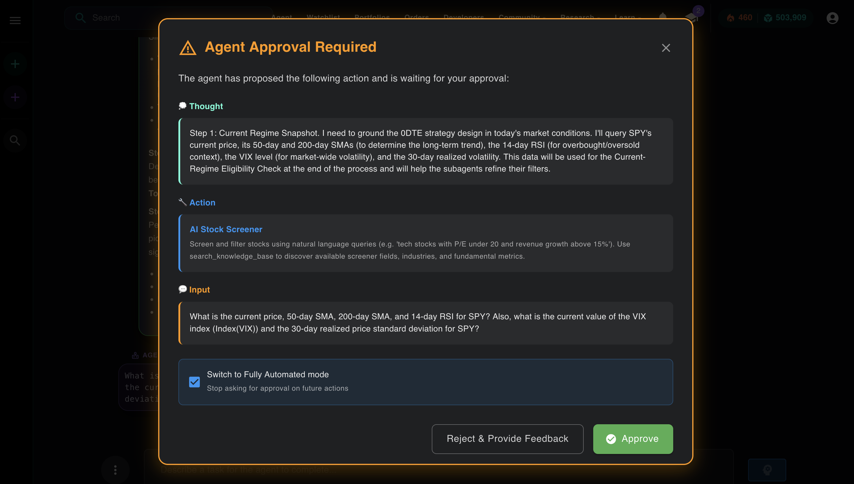 Aurora agent — Thought and Action visible in the approval modal, showing the ReAct loop structure