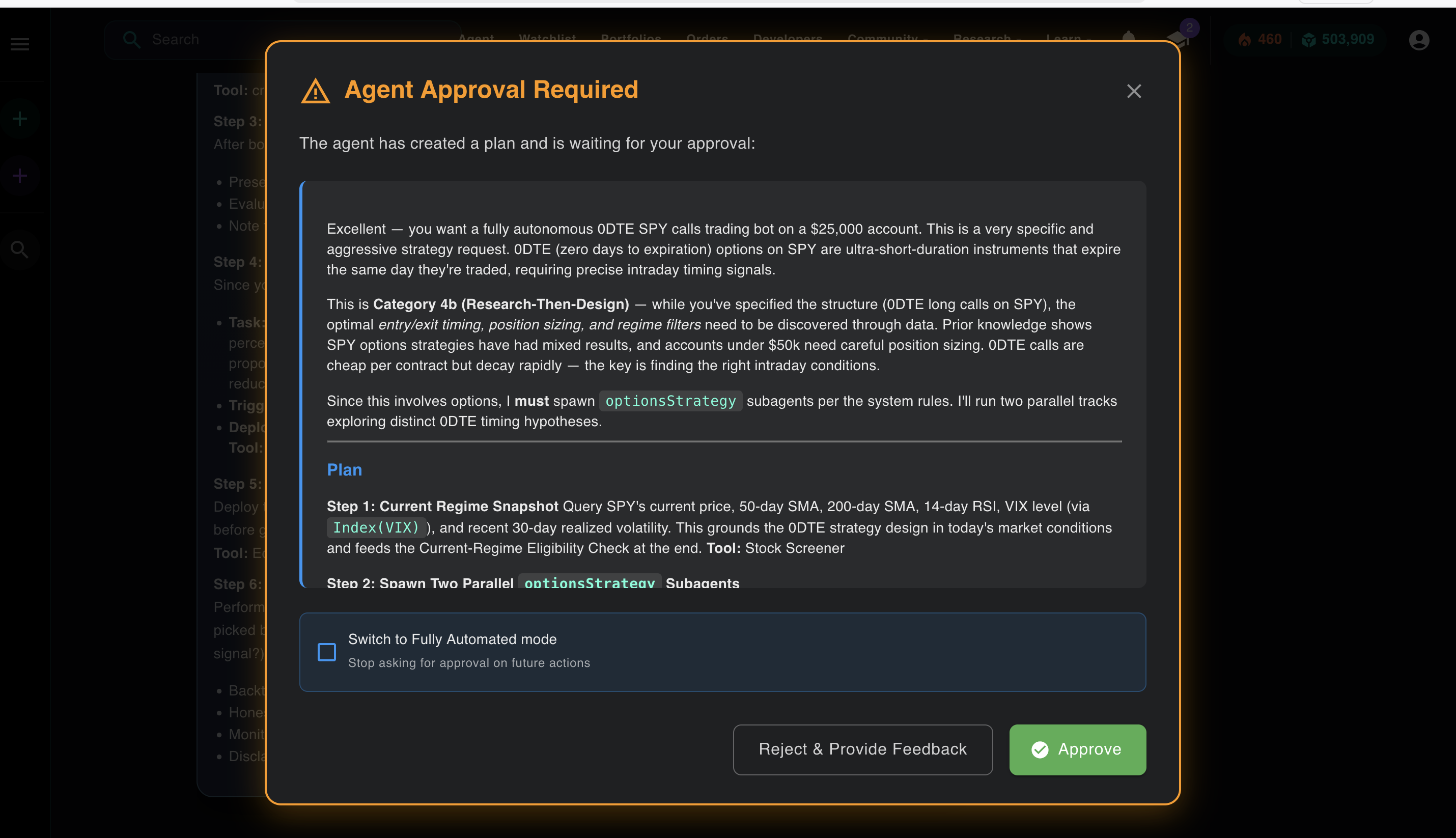 Aurora agent — detailed plan with subagent spawn visible in approval modal