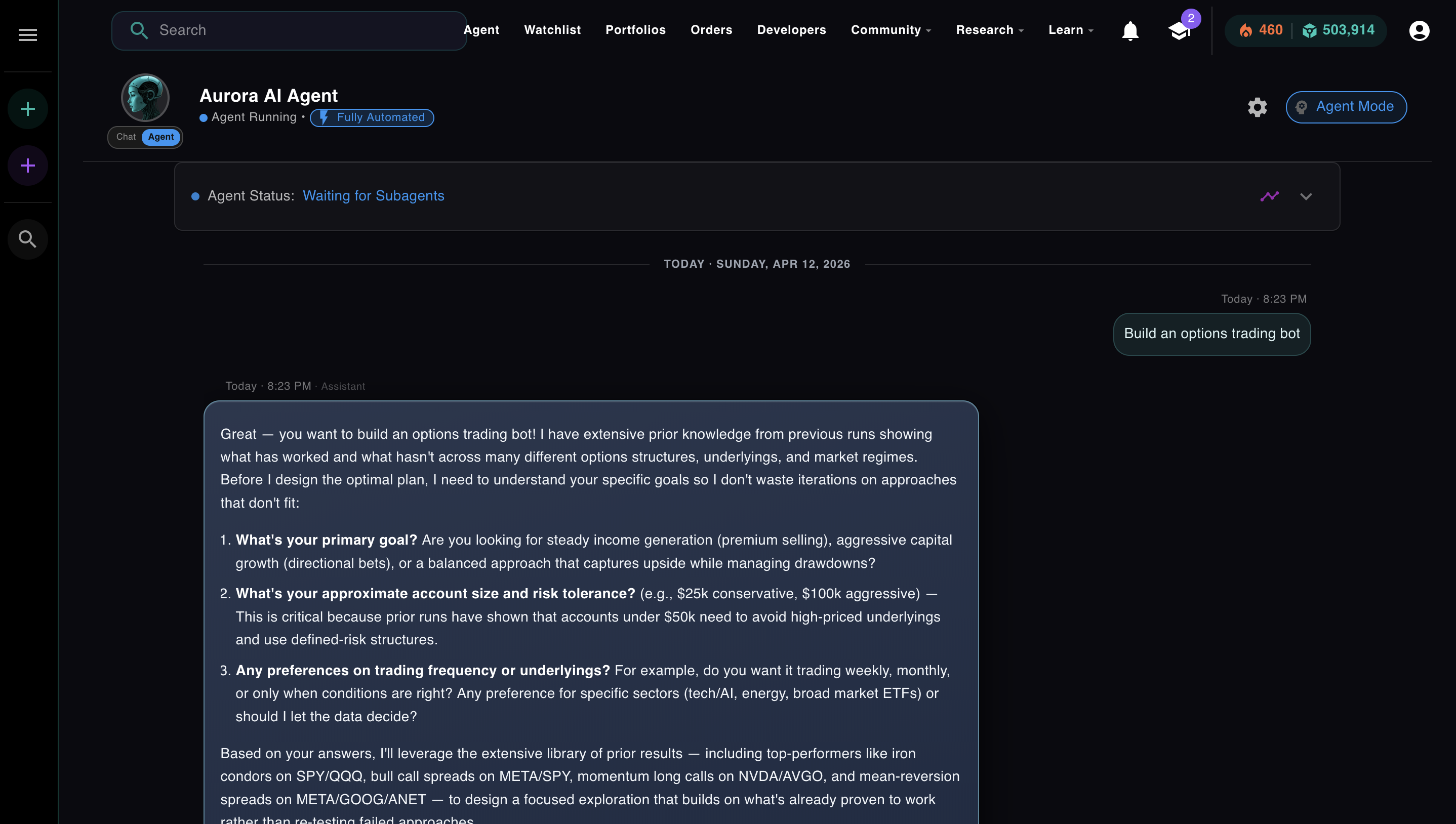 User sends 'Build an options trading bot' — Aurora responds with a full planning breakdown before calling a single tool