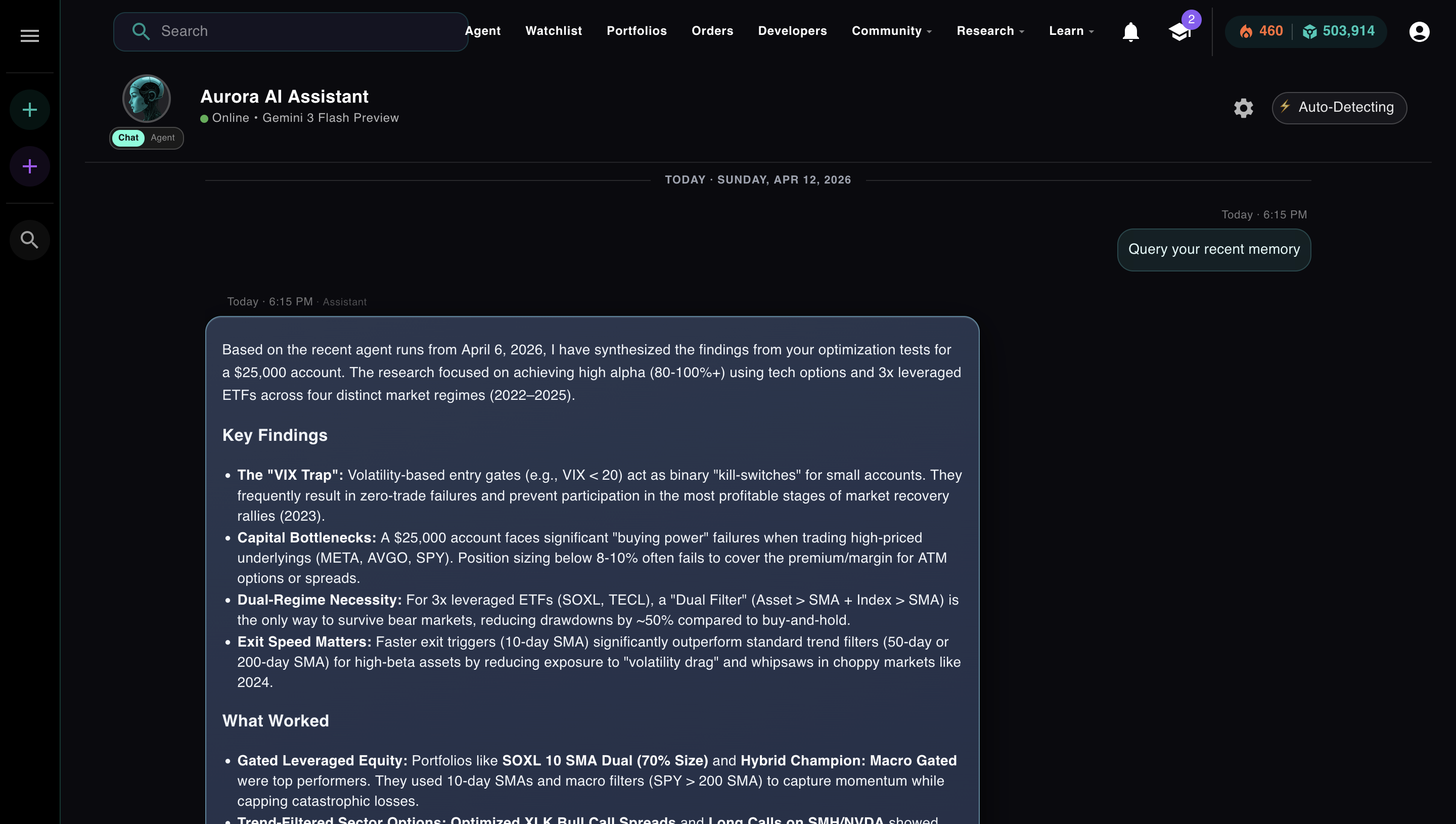 Aurora querying its recent memory — synthesized findings from past agent runs injected into a new session
