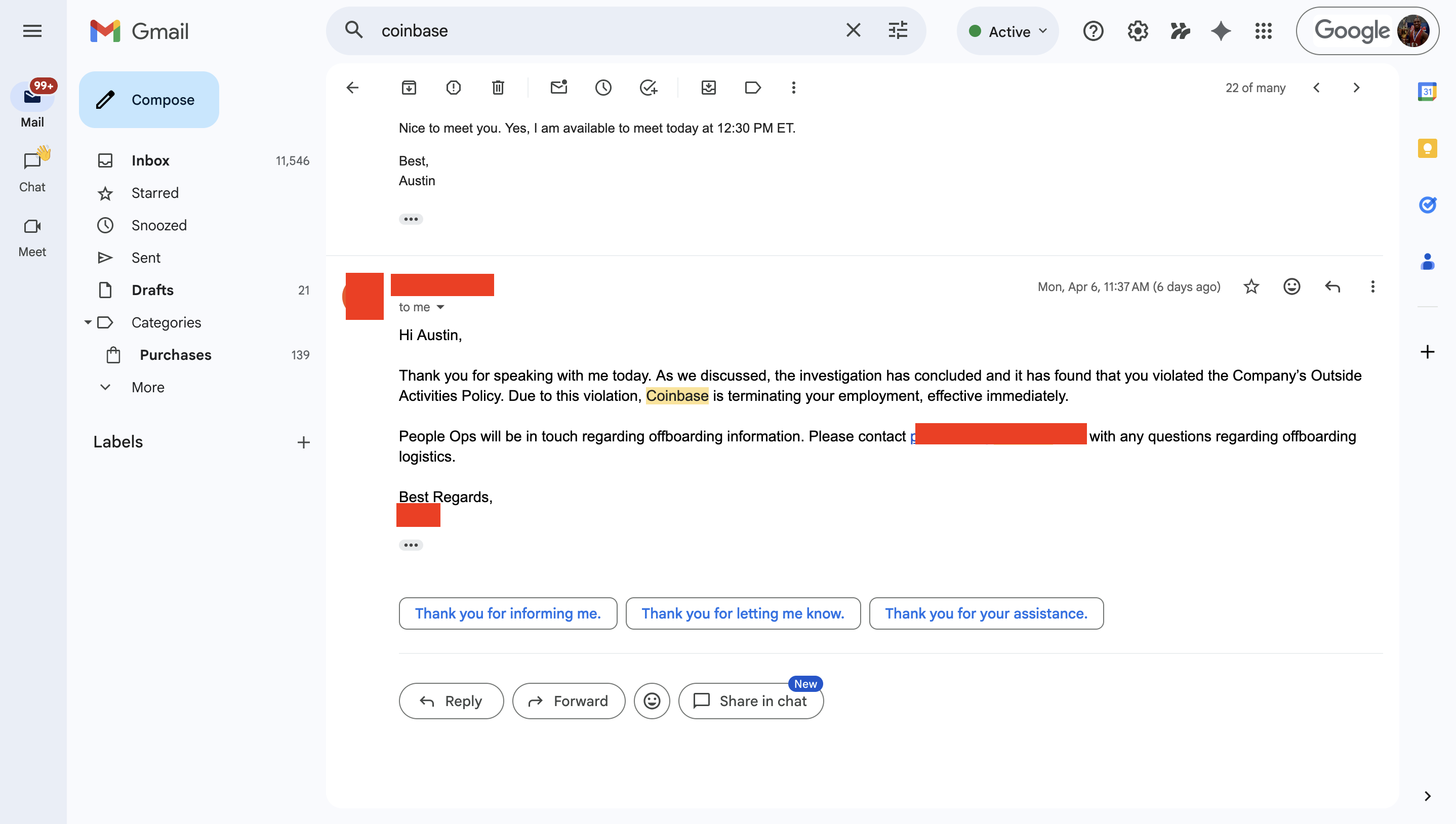 Coinbase termination email — fired for building NexusTrade