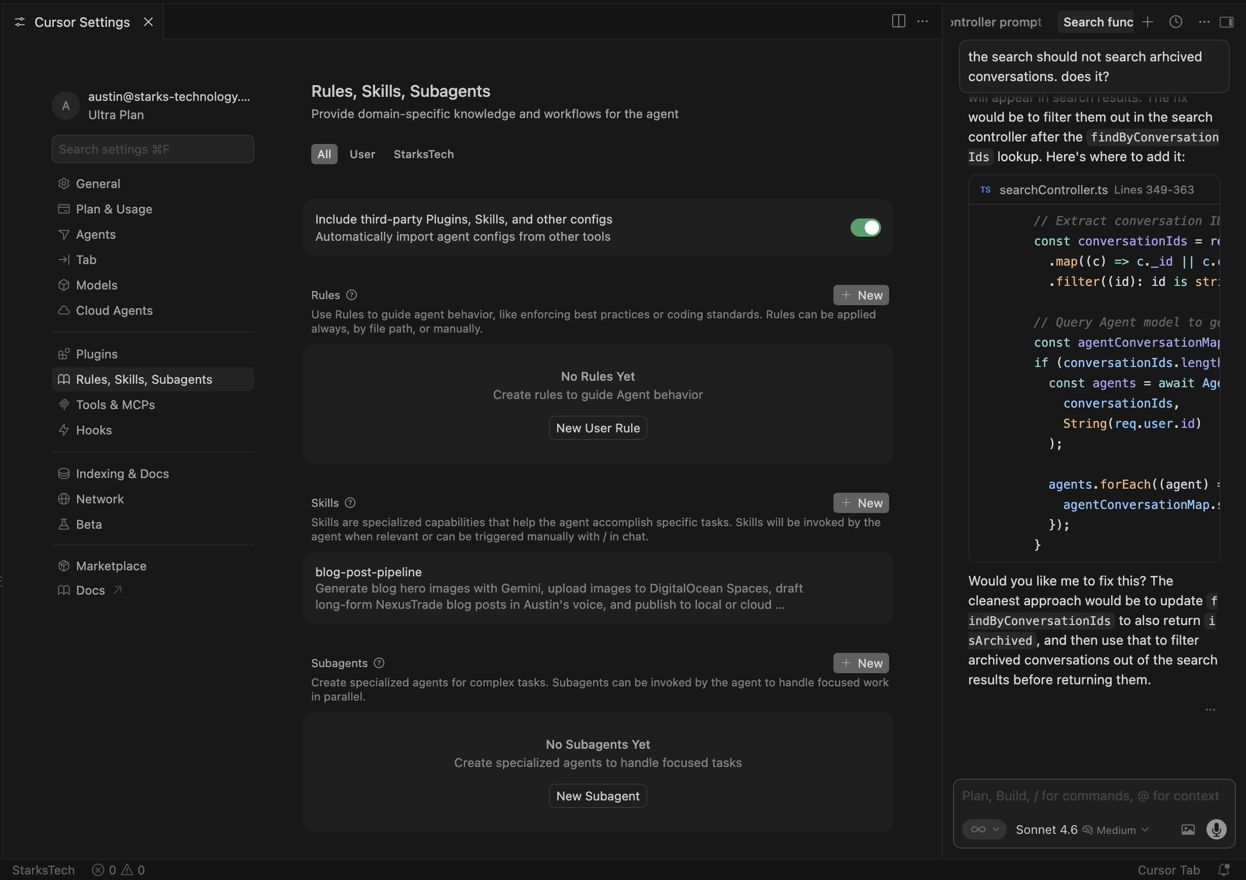 Cursor Settings — Rules, Skills, Subagents panel showing No Rules Yet