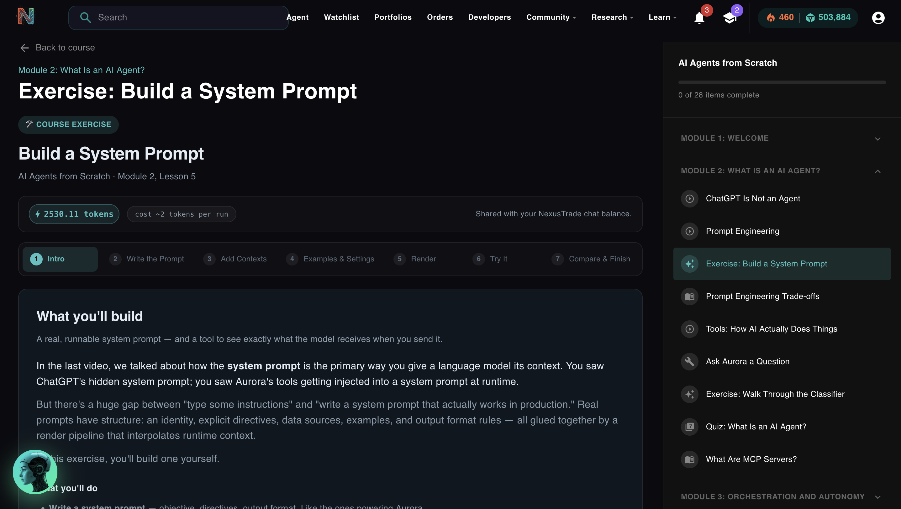 Exercise: Build a System Prompt — NexusTrade course UI