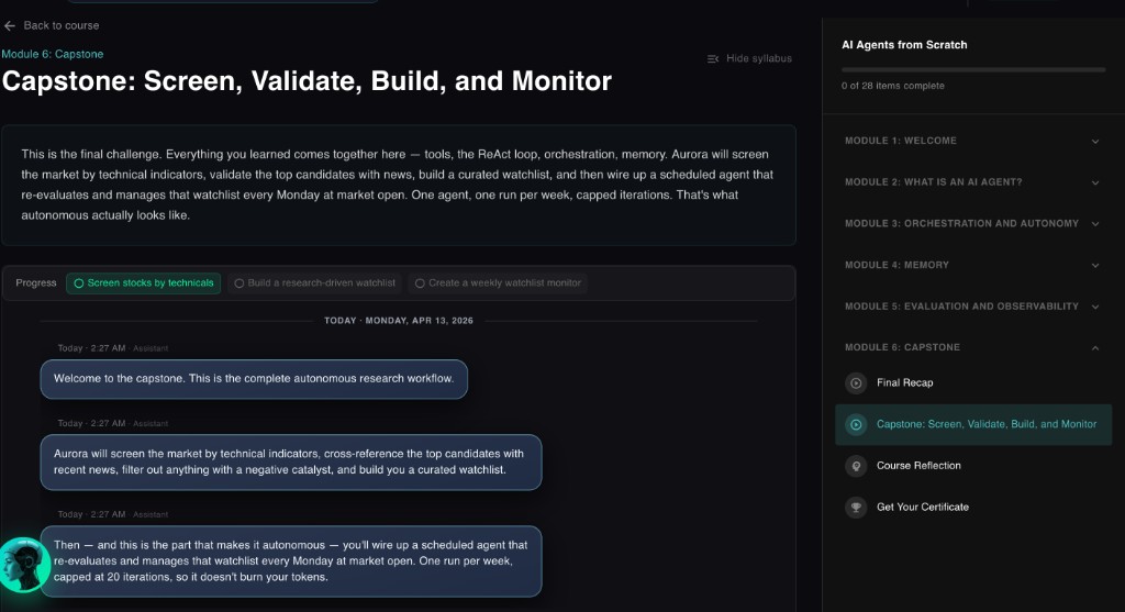 AI Agents from Scratch capstone lesson — Aurora embedded inline, running the full research pipeline with step progress bar