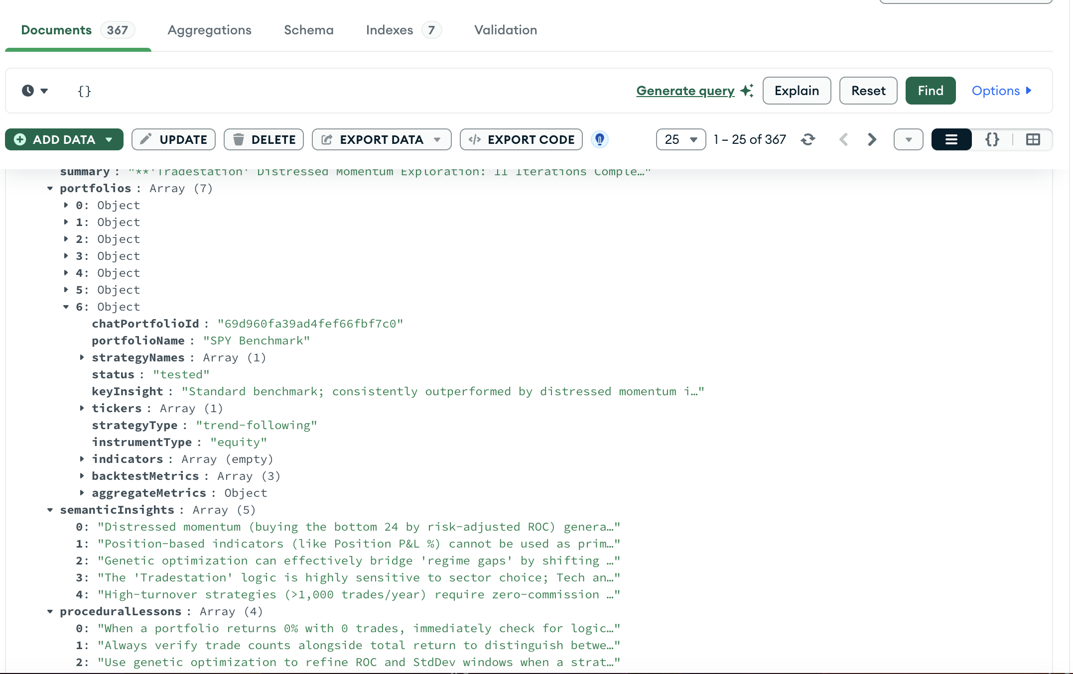 MongoDB AgentSummary document showing semanticInsights and proceduralLessons arrays