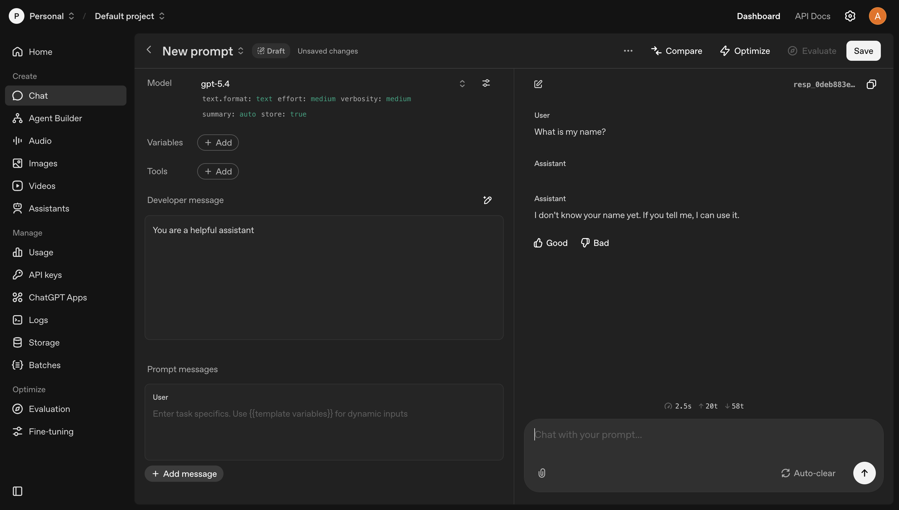 OpenAI Playground — the raw language model with no tools, no memory, no context