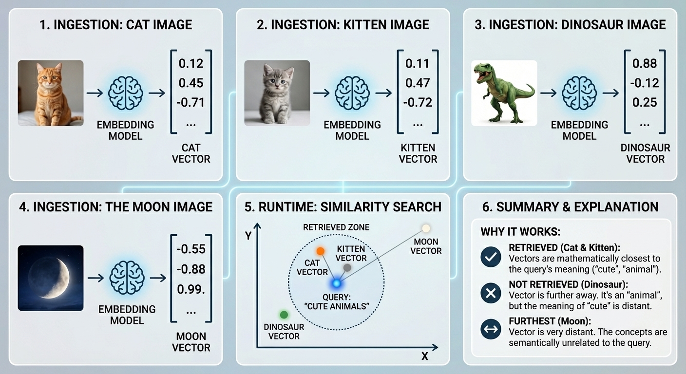 RAG pipeline: cat, kitten, dinosaur, and moon images each converted to vector embeddings by an embedding model. At runtime, a similarity search for 'cute animals' retrieves the cat and kitten vectors but not the dinosaur or moon.