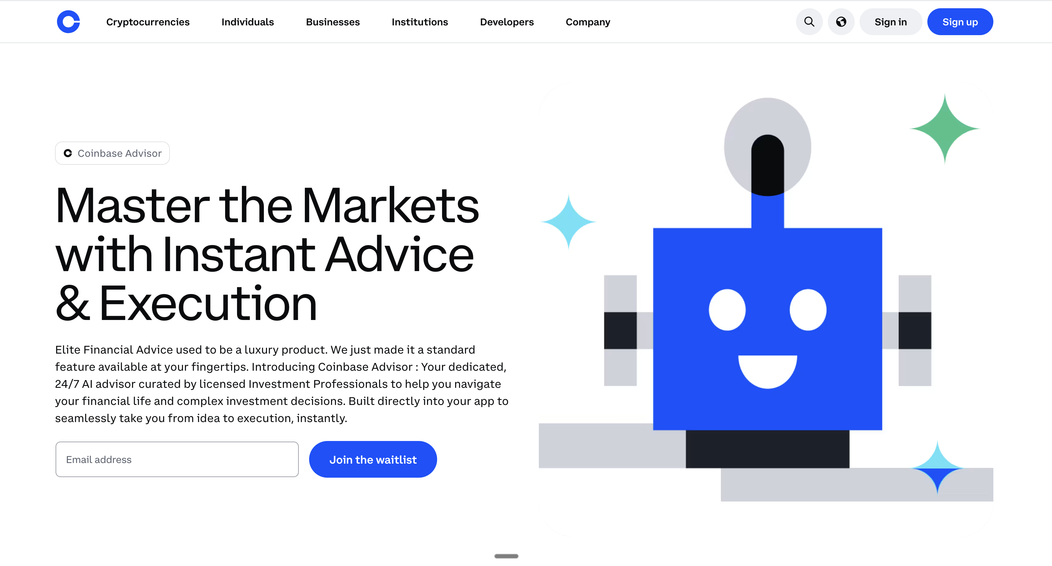 Coinbase Advisor landing page: Master the Markets with Instant Advice and Execution