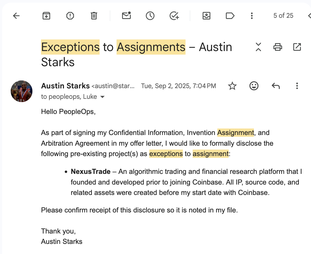 Gmail screenshot showing Austin Starks disclosing NexusTrade to Coinbase peopleops before his start date on September 2, 2025