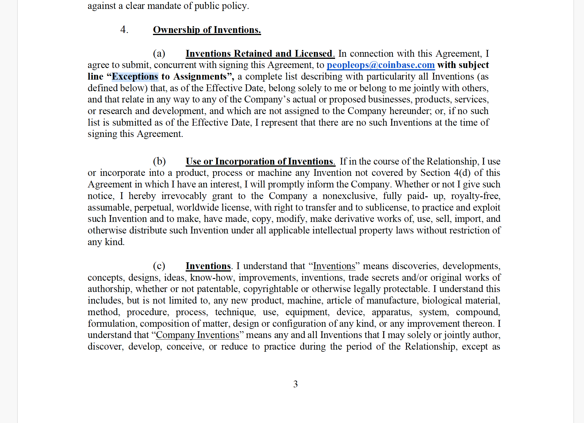 Coinbase offer letter — Ownership of Inventions clause instructing candidates to email peopleops with Exceptions to Assignments