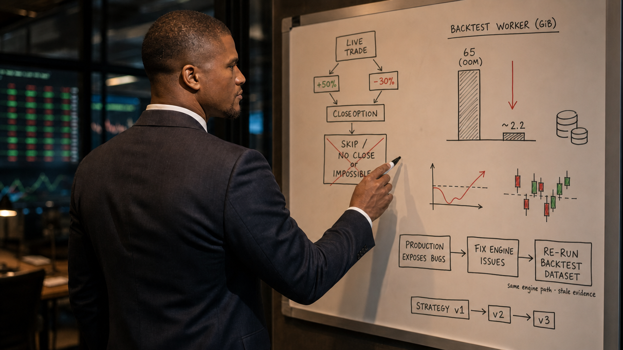 Austin Starks at a whiteboard mapping production bugs, engine fixes, backtest worker memory from 65 GiB to 2.2 GiB, and the impossible +50% and −30% close rule