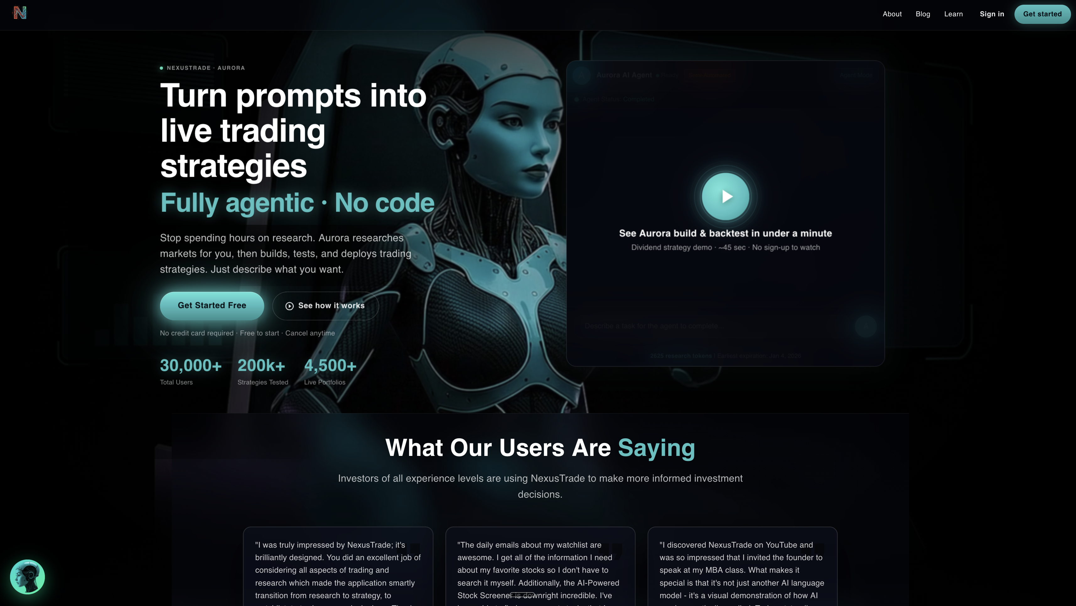NexusTrade landing page showing the AI-powered algorithmic trading platform