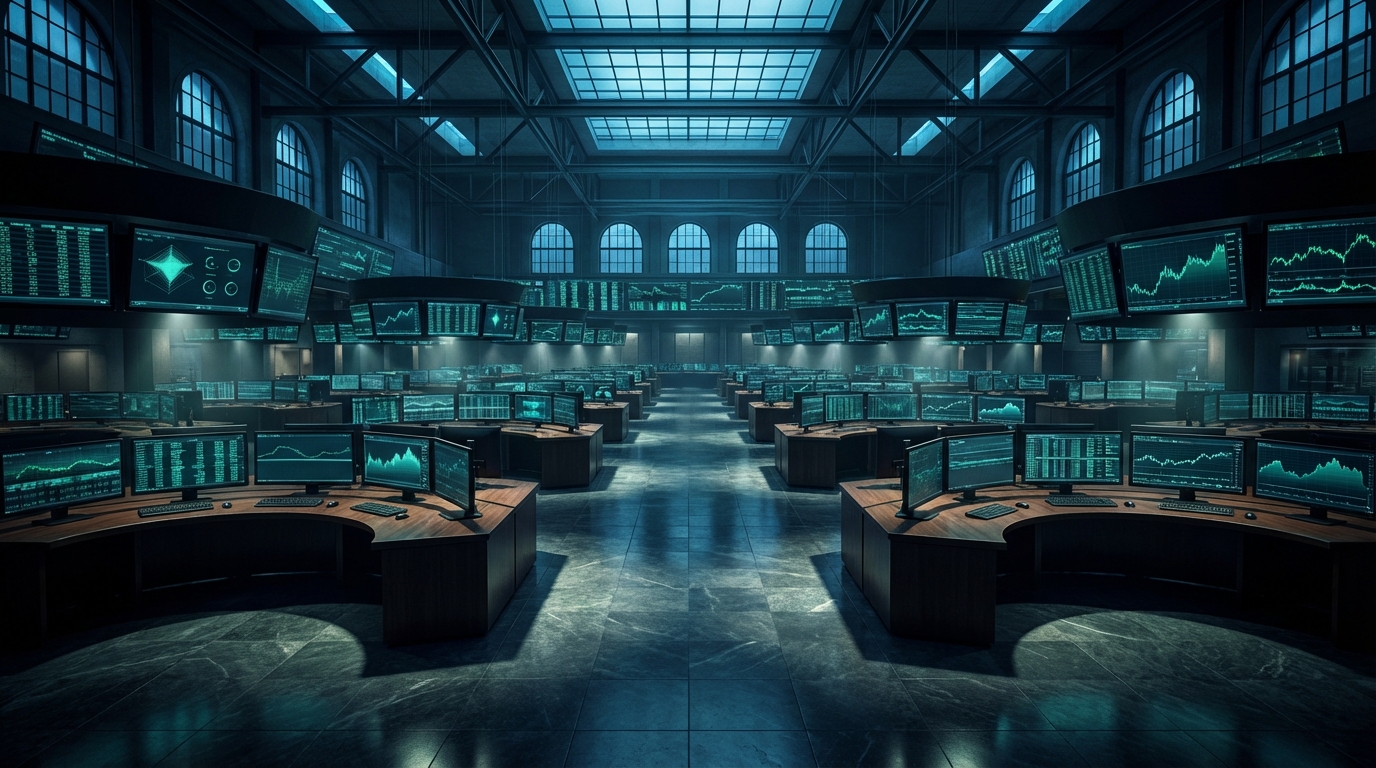 Empty Wall Street trading floor at night — monitors glowing with green data streams