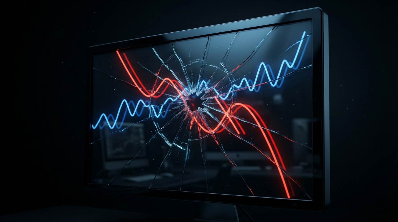 Cracked trading monitor displaying diverging red and blue price curves — technical analysis breaking down