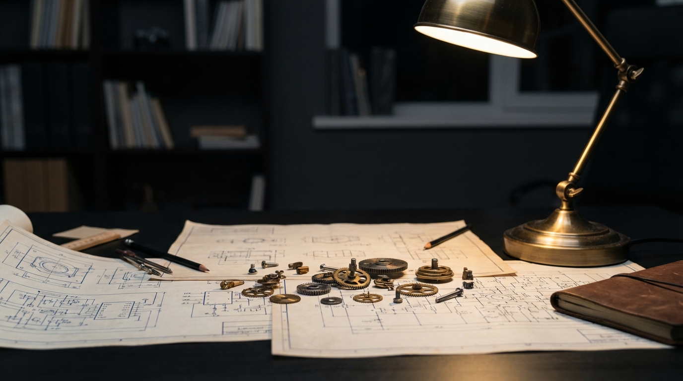 Blueprint desk with technical precision gears assembling a trading strategy