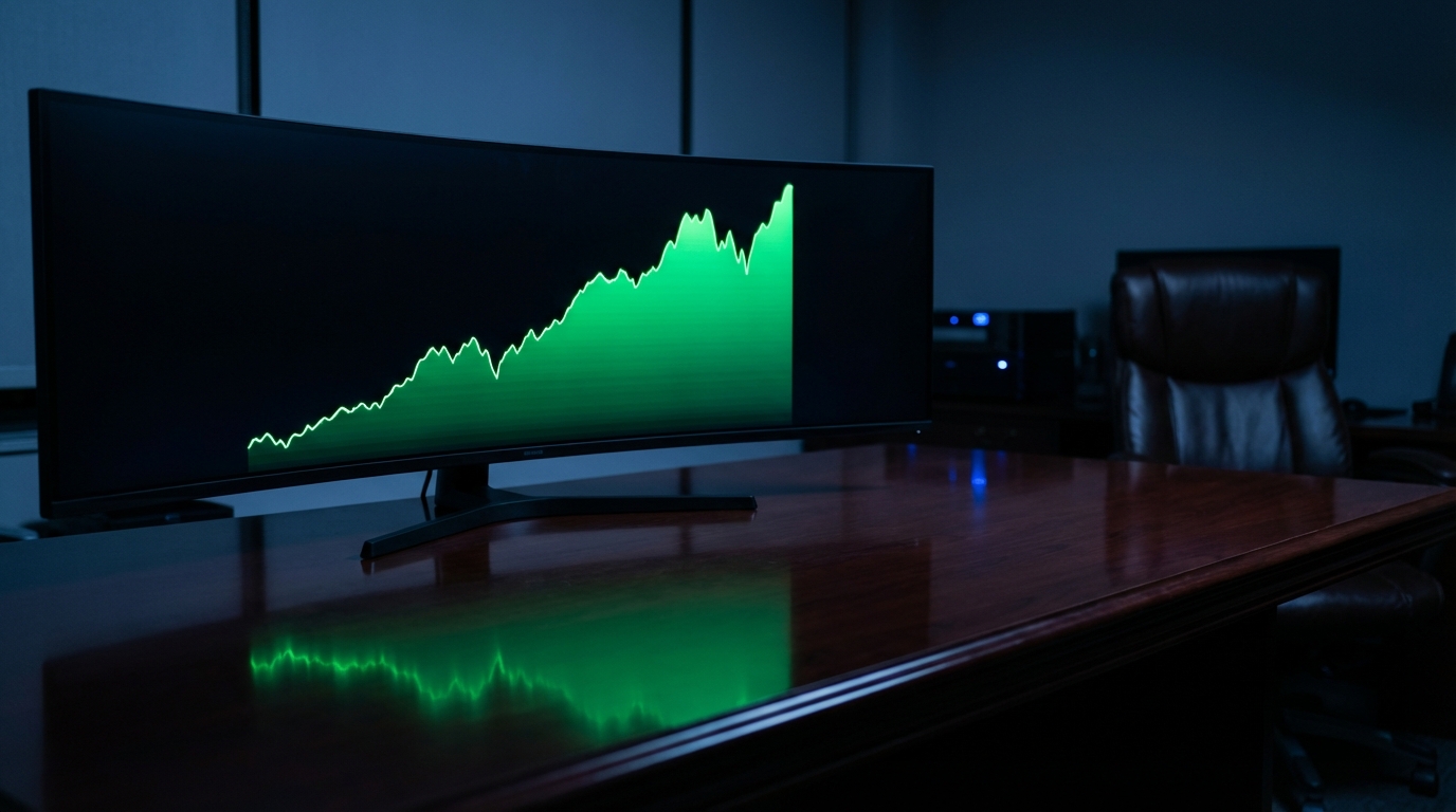 Glowing green equity curve on a dark trading monitor
