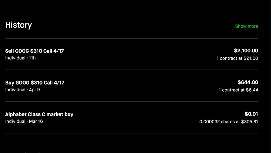 Robinhood trade history showing GOOG $310 Call bought for $644 on Apr 9 and sold for $2,100 six days later