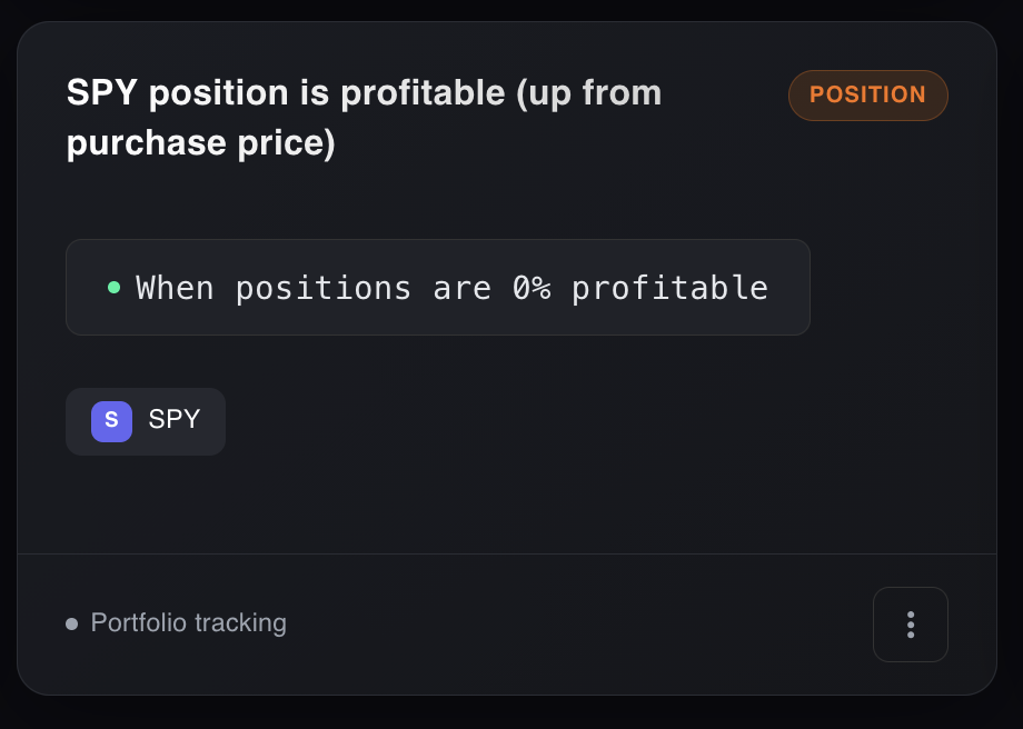 NexusTrade condition builder: SPY position is profitable (up from purchase price), when positions are 0% profitable