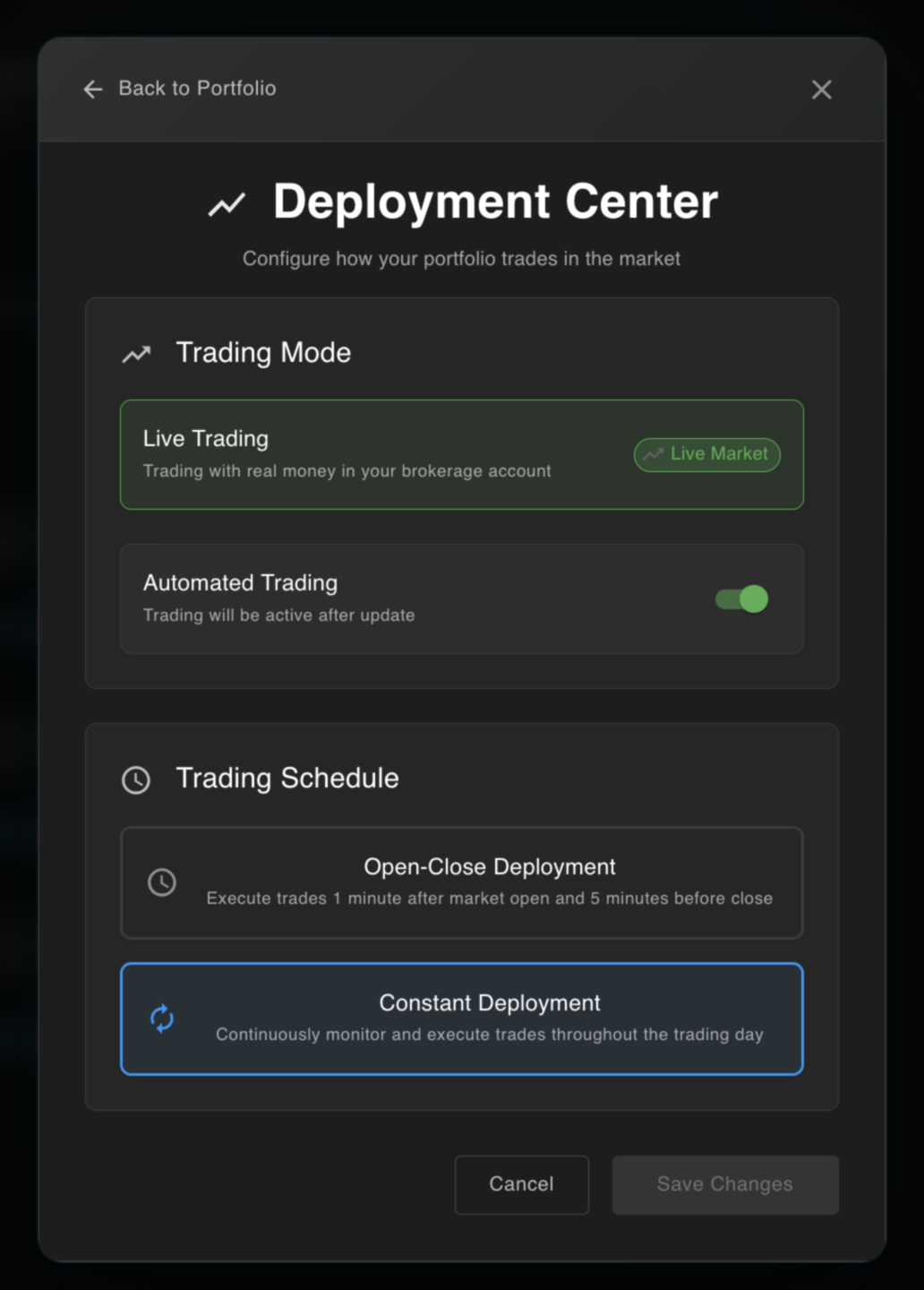 NexusTrade Deployment Center: configure Live Trading vs paper, Automated Trading toggle, and trading schedule