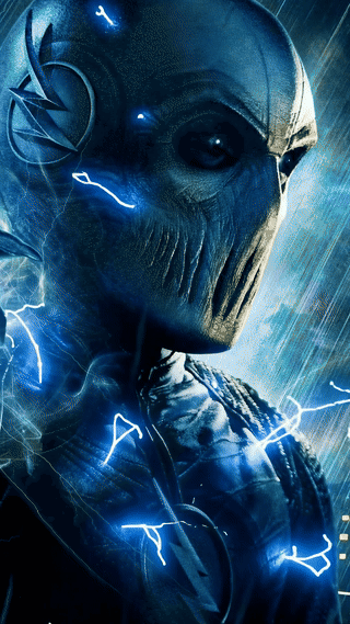 Zoom, masked, with blue lightning crawling over his suit