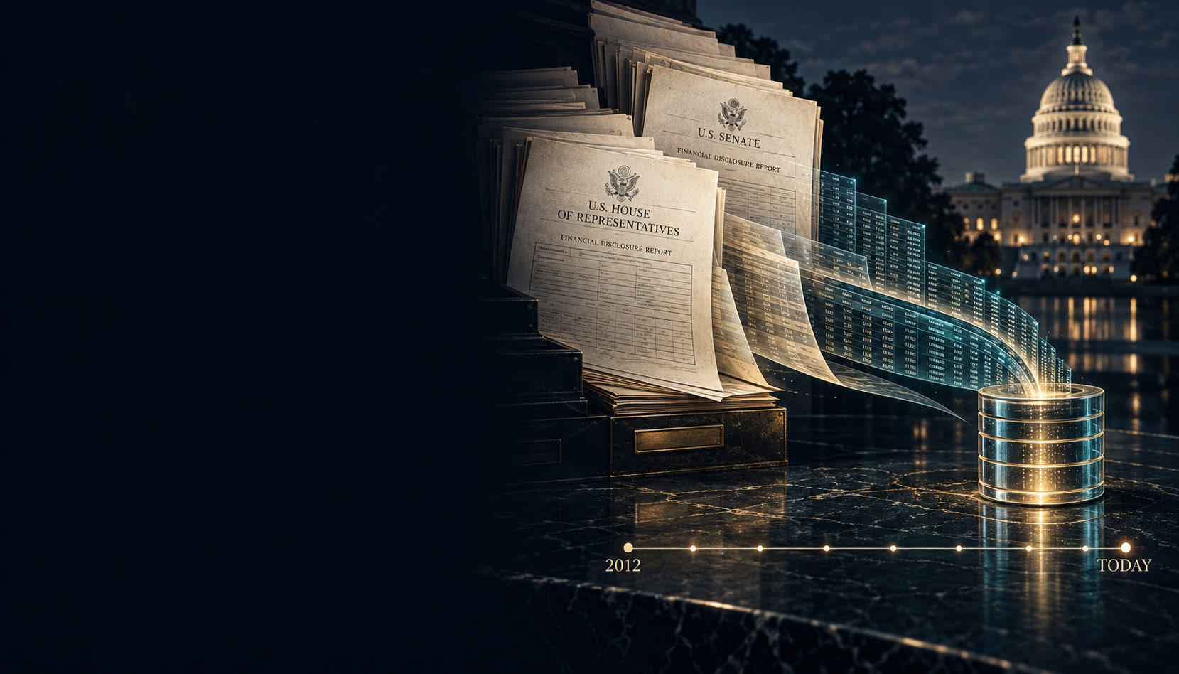 House and Senate disclosure papers transforming into a clean open database beside the U.S. Capitol.