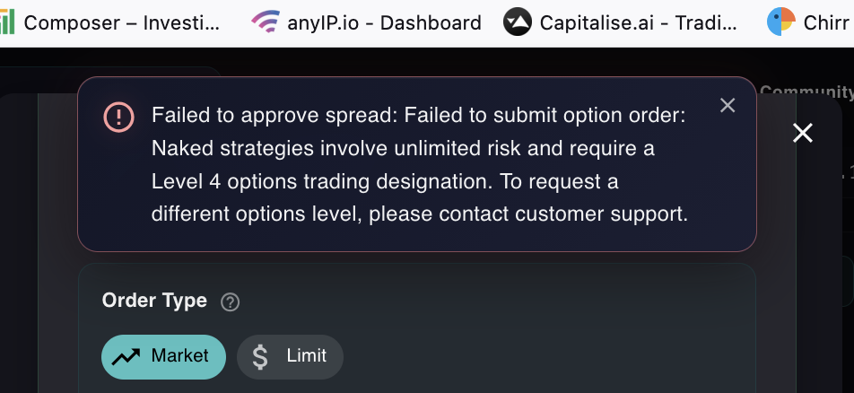Public rejection error: Failed to approve spread. Failed to submit option order: Naked strategies involve unlimited risk and require a Level 4 options trading designation.