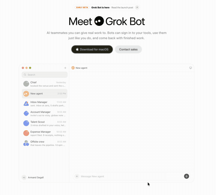 Grok Bot spawning an agent, checking connected services, and signing into Salesforce on its own machine