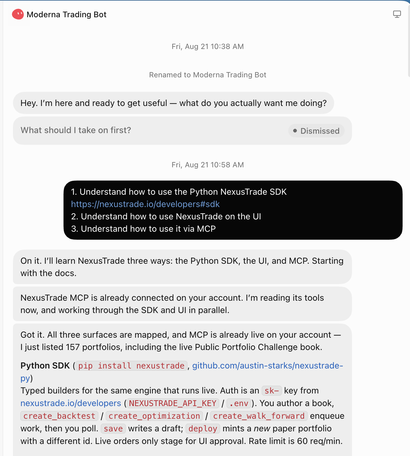 Grok Bot named Moderna Trading Bot connected to the NexusTrade MCP server