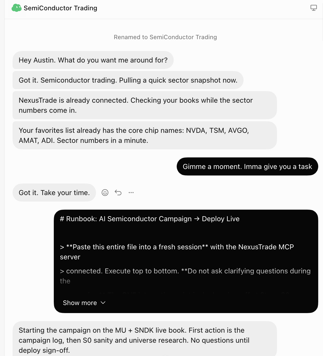 Grok Bot named SemiConductor Trading receiving a pasted campaign runbook