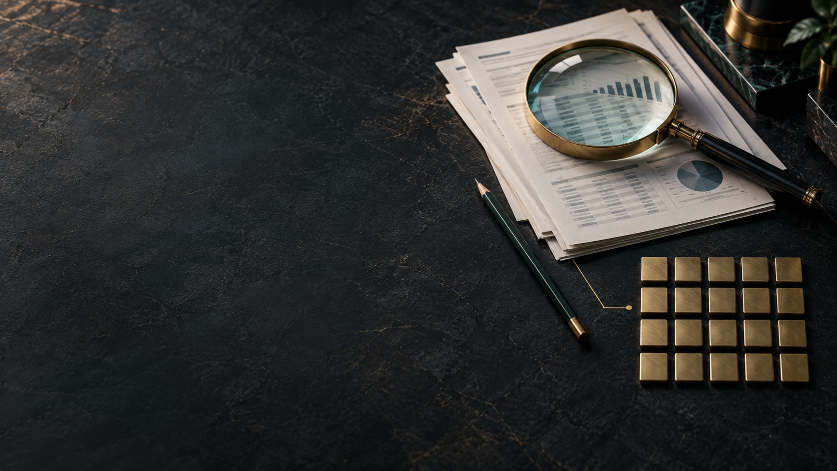 A magnifying glass over company filings beside twenty equal brass tiles on a dark desk.