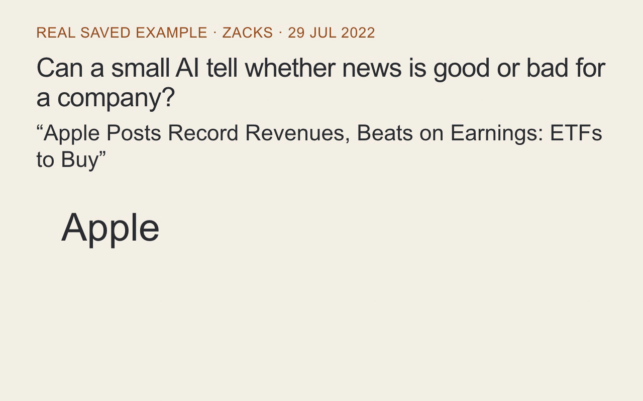 A real Apple headline introduces sentiment, training, held-out examples, XGBoost and a small neural network. The saved MLP prediction is +0.67 versus a +0.50 AI reference, followed by the measured average errors.