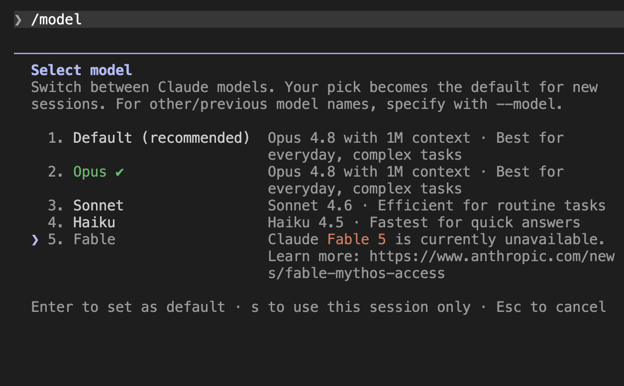 Claude Code model selector showing Claude Fable 5 is currently unavailable, linking to anthropic.com/news/fable-mythos-access
