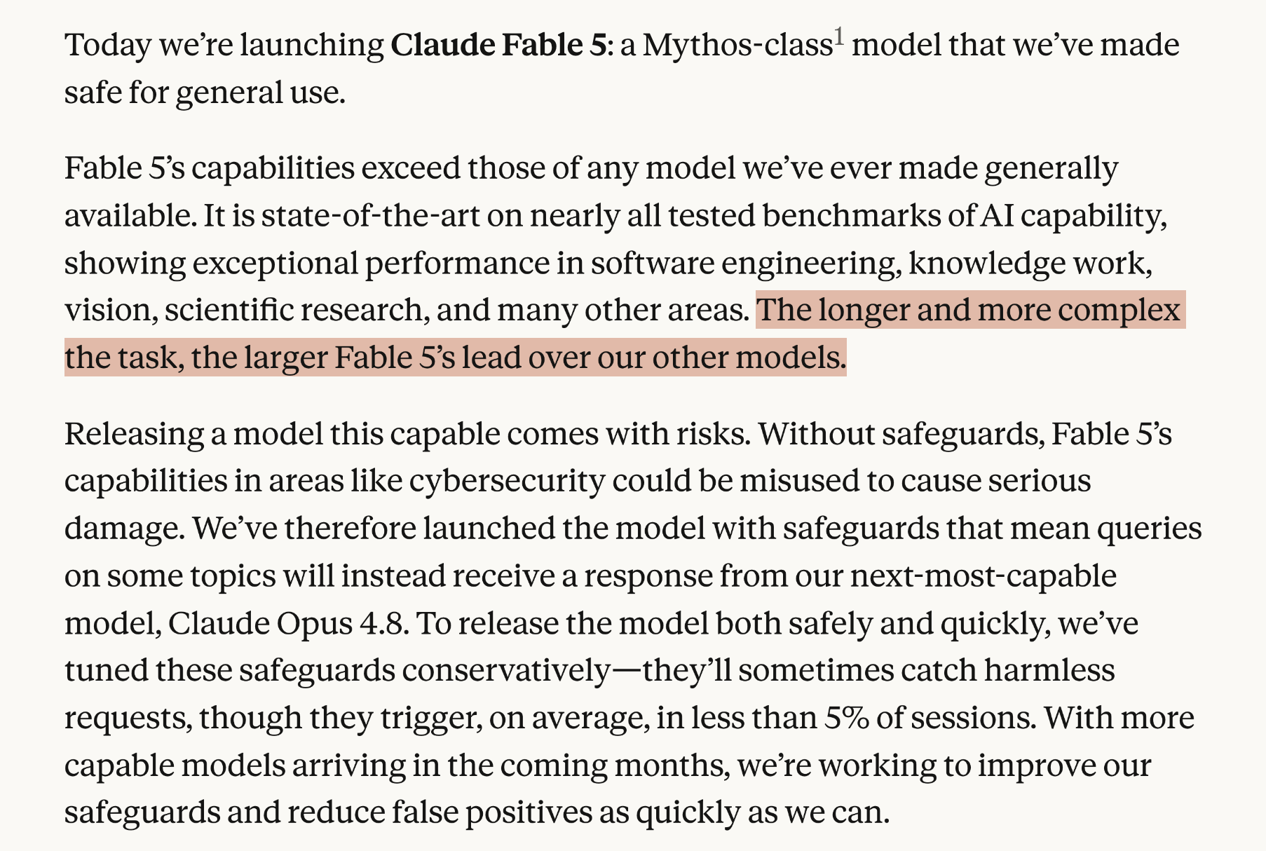 Anthropic's Claude Fable 5 announcement, highlighting the line: the longer and more complex the task, the larger Fable 5's lead over our other models.