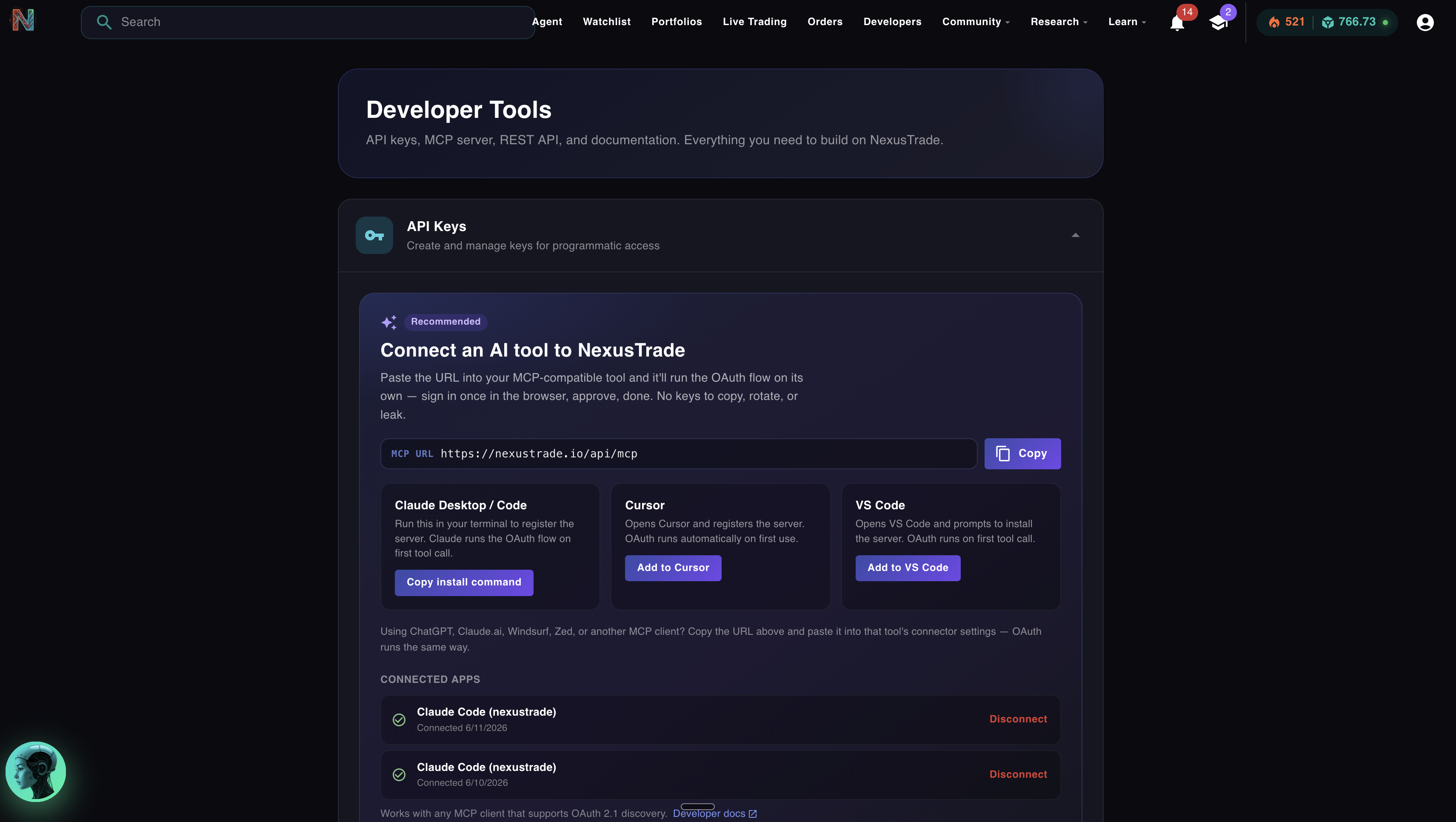 NexusTrade Developers — MCP URL and Connect an AI tool