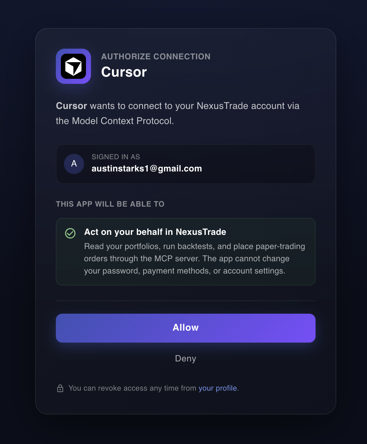 Authorize Cursor → NexusTrade MCP