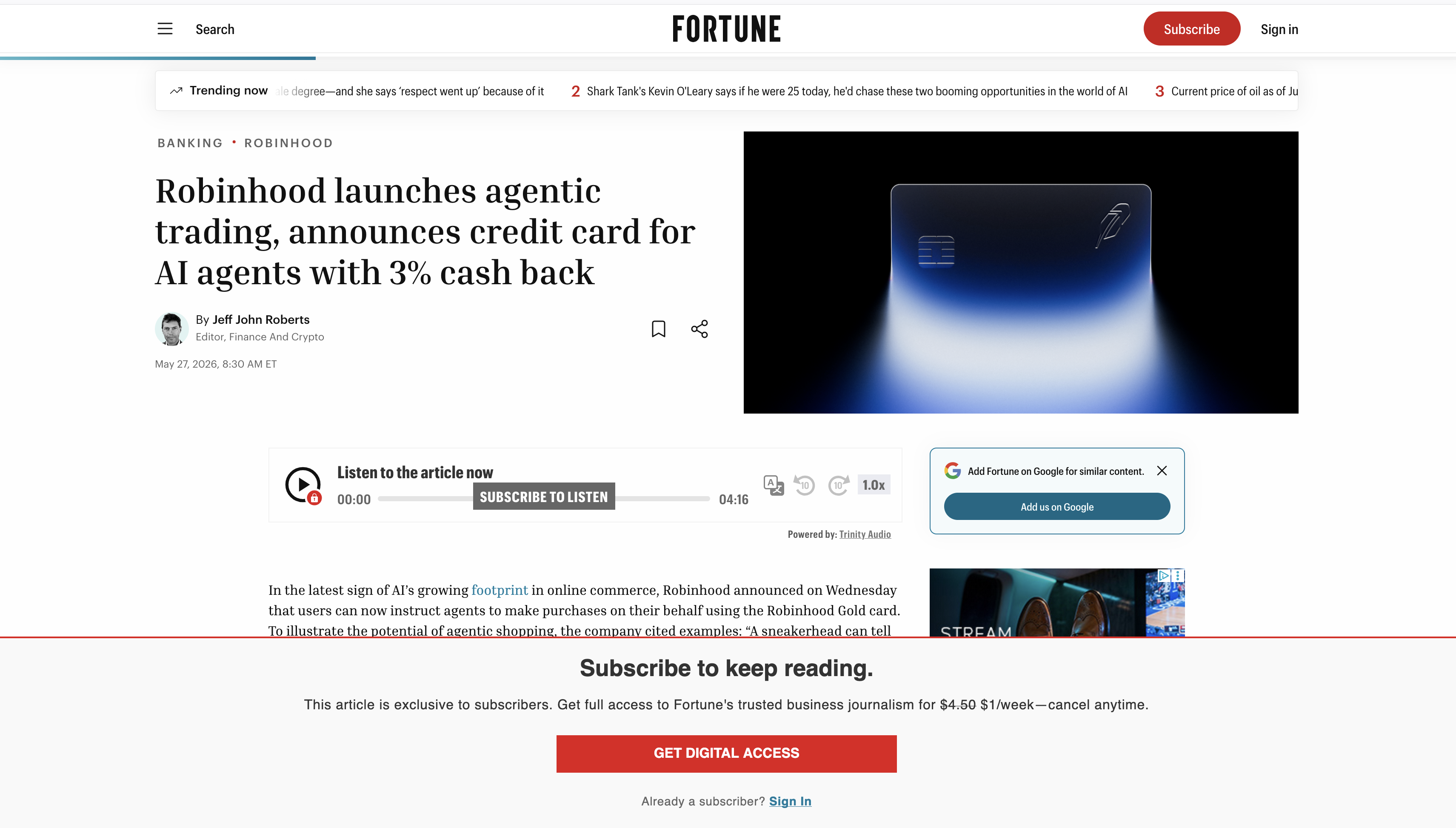 Fortune headline: Robinhood launches agentic trading, announces credit card for AI agents with 3% cash back