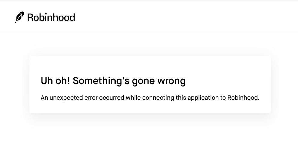 Robinhood OAuth error page after clicking Allow on the production connect flow