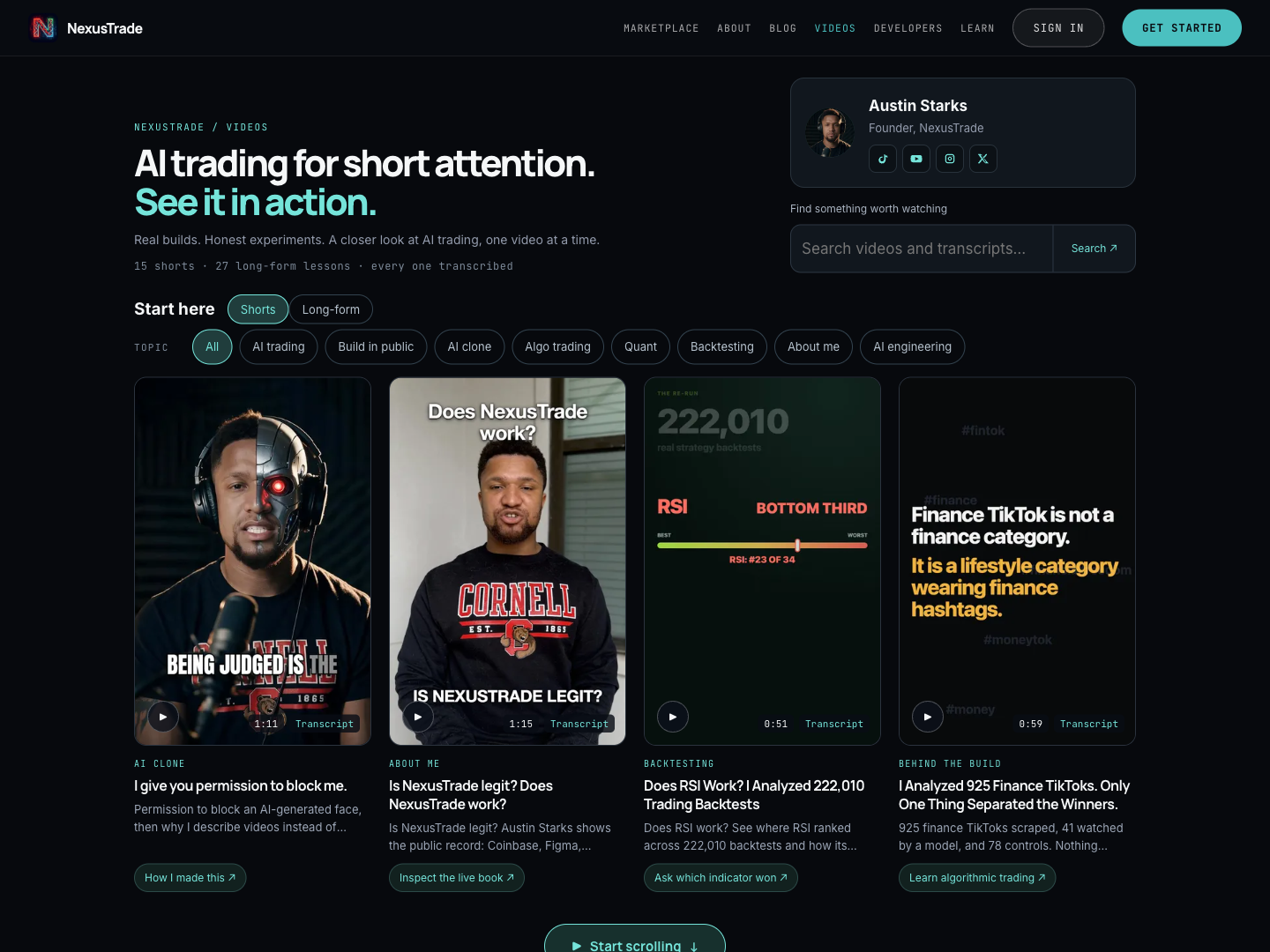 The NexusTrade video library with transcript search, Shorts and Long-form tabs, topic filters, and playable video previews.